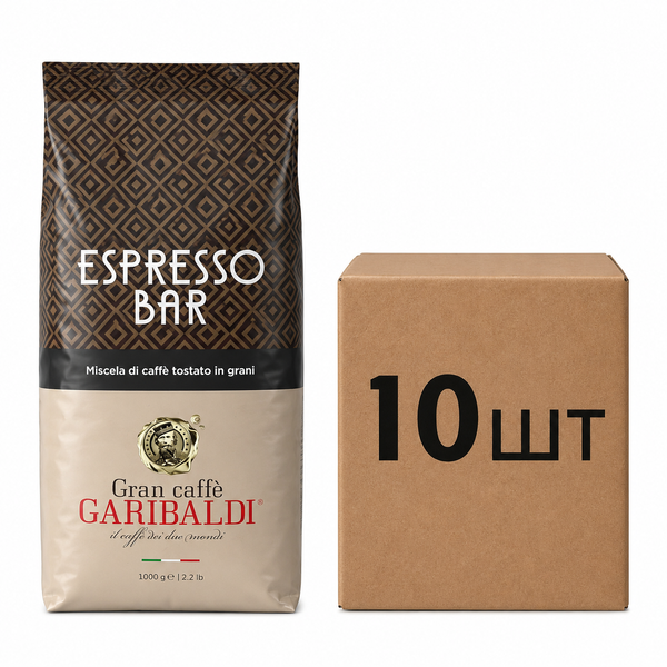 Кава в зернах Garibaldi ESPRESSO Bar 1 кг х 10 шт 02000888 фото Кава в зернах Gran Caffè Garibaldi Espresso Bar 1 кг поруч із коробкою на 10 штук