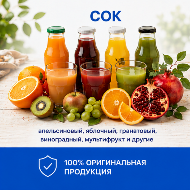 Натуральные соки и напитки в ассортименте — апельсиновый, яблочный, гранатовый, виноградный и мультифрукт